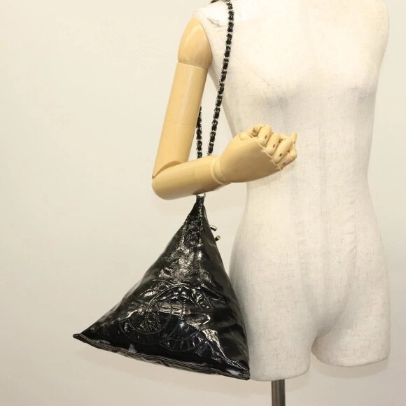 CHANEL Chain Shoulder Bag Enamel Black Silver CC Auth - Picture 1 of 15